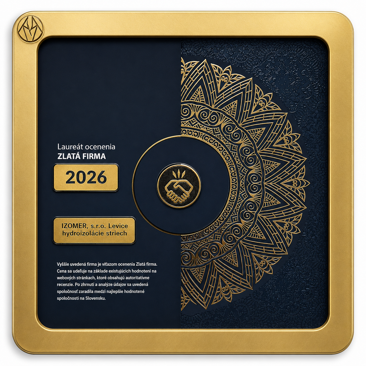 Ocenenie Zlatá Firma 2026 — IZOMER, s.r.o. Levice · hydroizolácie striech