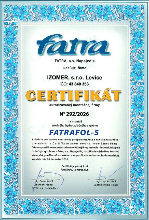 Certifikát autorizovanej montážnej firmy Fatrafol N° 292/2026 — IZOMER